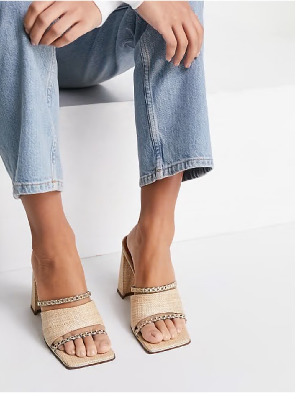 ASOS Natural Woven Two-Strap Block Heel Mules